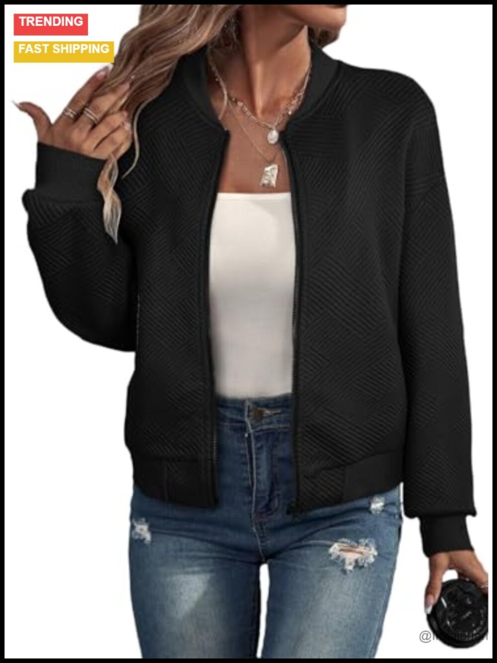 Women's Bomber Jacket Casual Stand Collar Zip Up Coat with Pockets